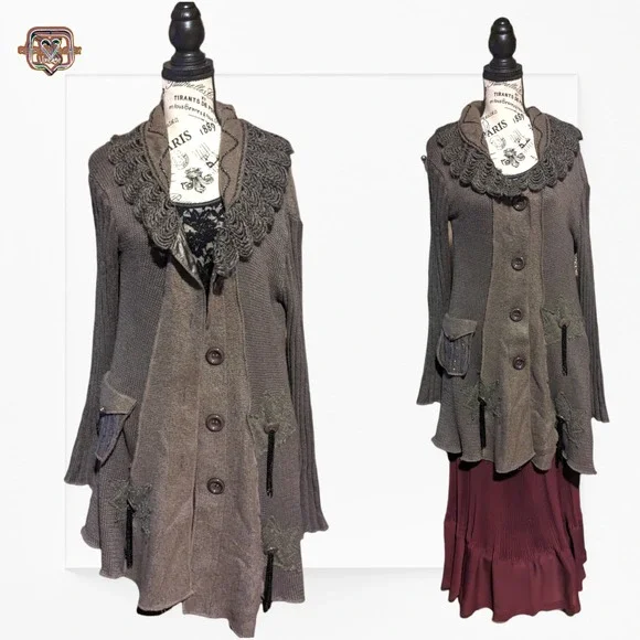 Fantazia Lagerlook Wool Patchwork Knit Oversized Cardigan Sweater, Medium - Picture 10 of 11